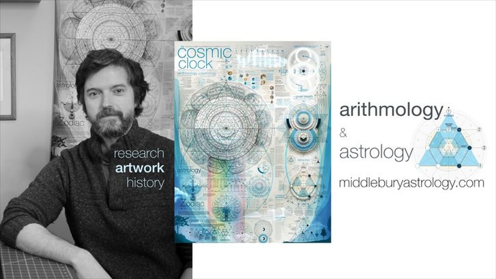 Cavan Drake with The Cosmic Clock poster, Middlebury Astrology